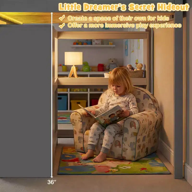 Letto a soppalco singolo con luci LED, spazio sottostante, cassetti, ripiani e scala, grigio/bianco