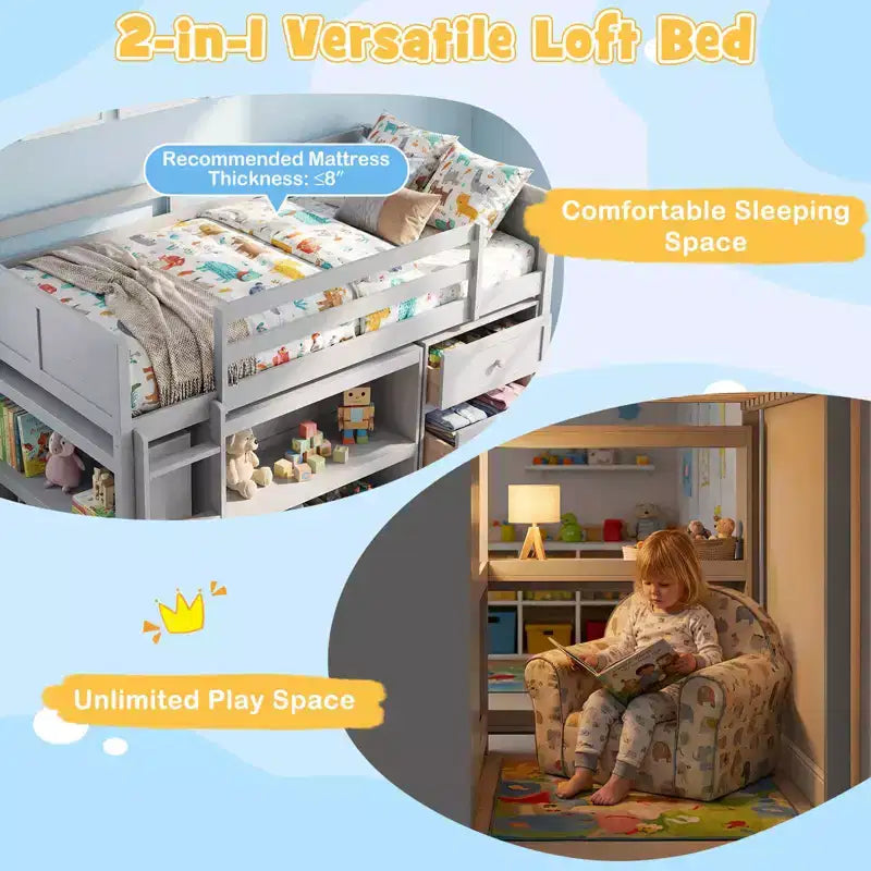 Letto a soppalco singolo con luci LED, spazio sottostante, cassetti, ripiani e scala, grigio/bianco