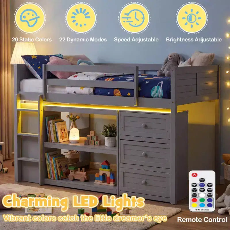 Letto a soppalco singolo con luci LED, spazio sottostante, cassetti, ripiani e scala, grigio/bianco