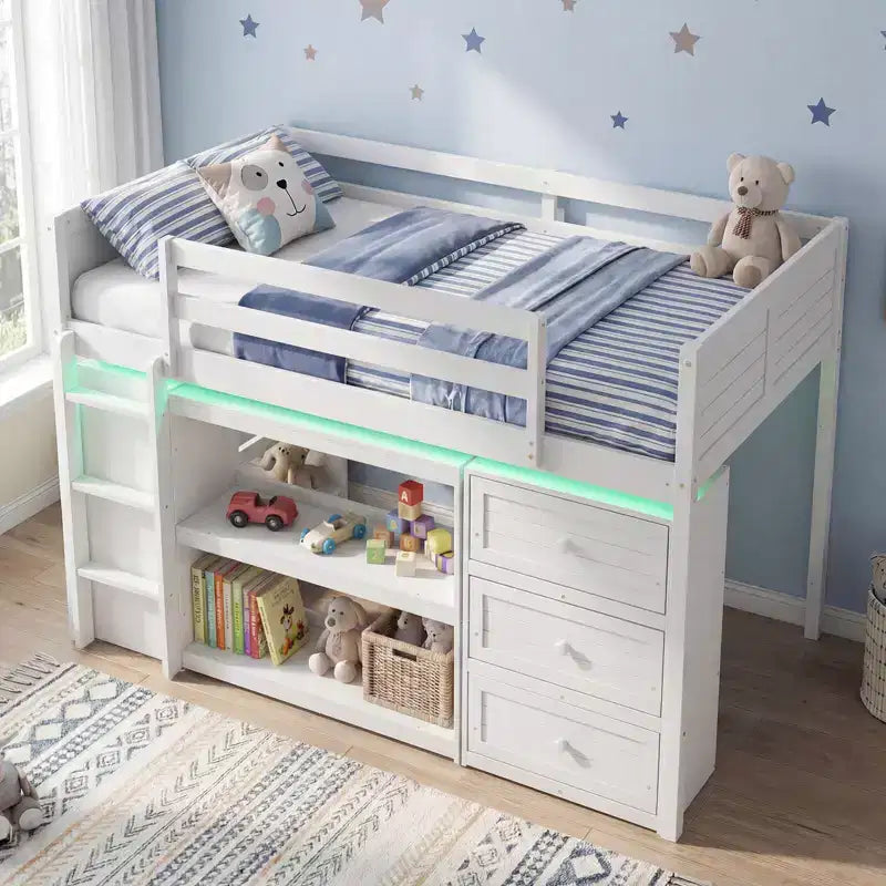 Twin Size Loft Bed with LED Lights Underbed Space Drawers Shelves Ladder Gray/White