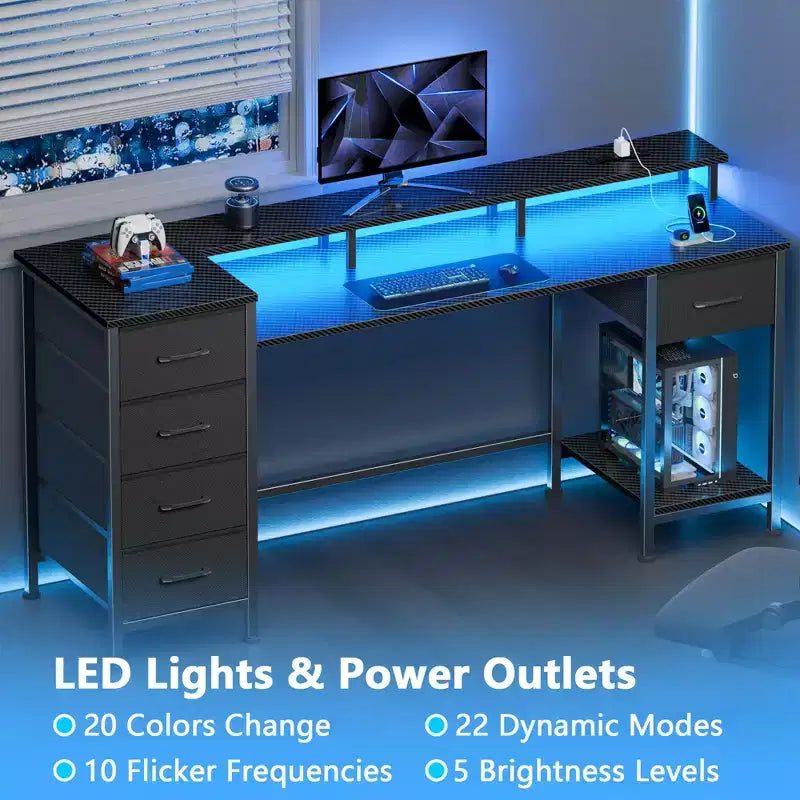 Scrivania per computer da 55 pollici con stazione di ricarica, scrivania da gaming reversibile, luci LED, cassetti in tessuto, tavolo da scrittura con contenitori per ufficio domestico, camera da letto e studio