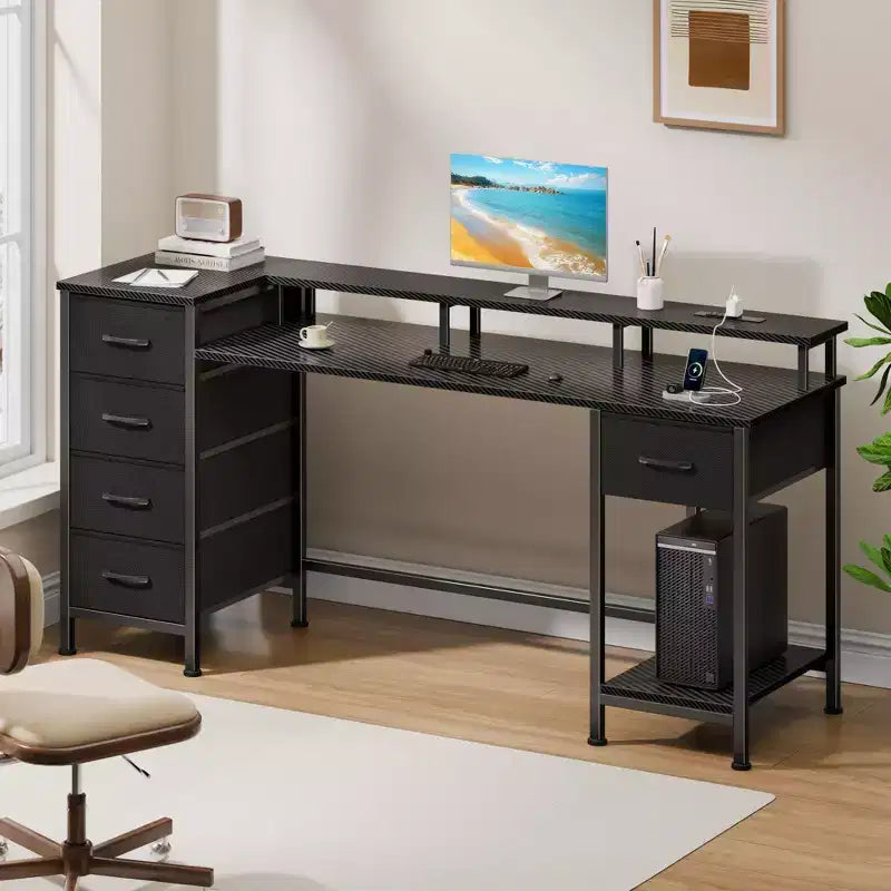 55 Inch Computer Desk with Charging Station Reversible Gaming Desk LED Lights Fabric Drawers Home Office Writing Table Bedroom Study Storage