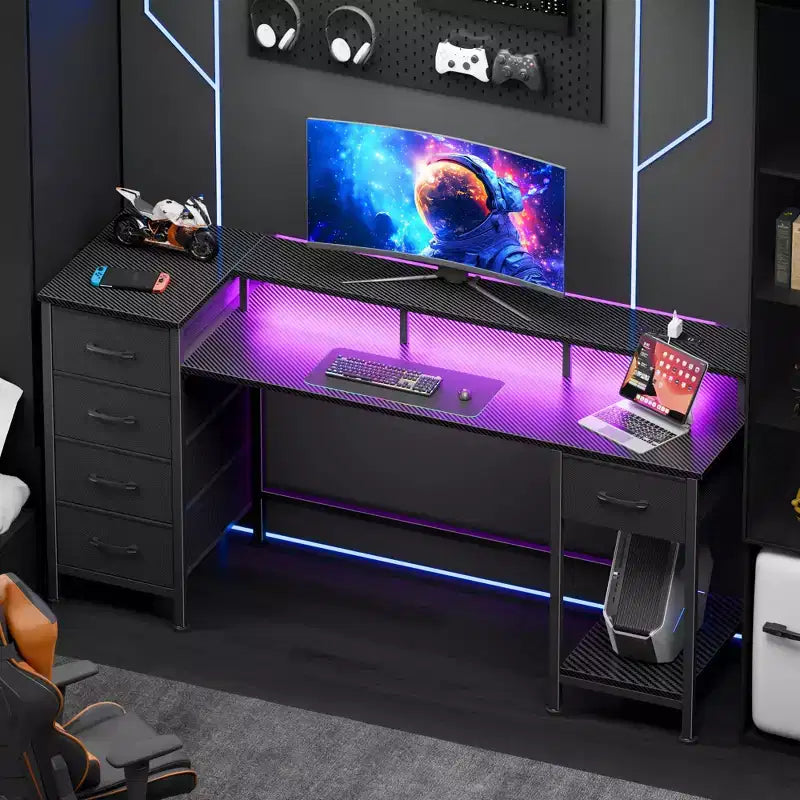 Scrivania per computer da 55 pollici con stazione di ricarica, scrivania da gaming reversibile, luci LED, cassetti in tessuto, tavolo da scrittura con contenitori per ufficio domestico, camera da letto e studio