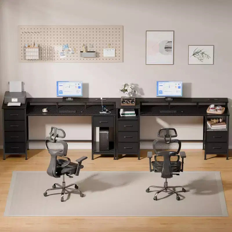 Scrivania per computer da 55 pollici con stazione di ricarica, scrivania da gaming reversibile, luci LED, cassetti in tessuto, tavolo da scrittura con contenitori per ufficio domestico, camera da letto e studio