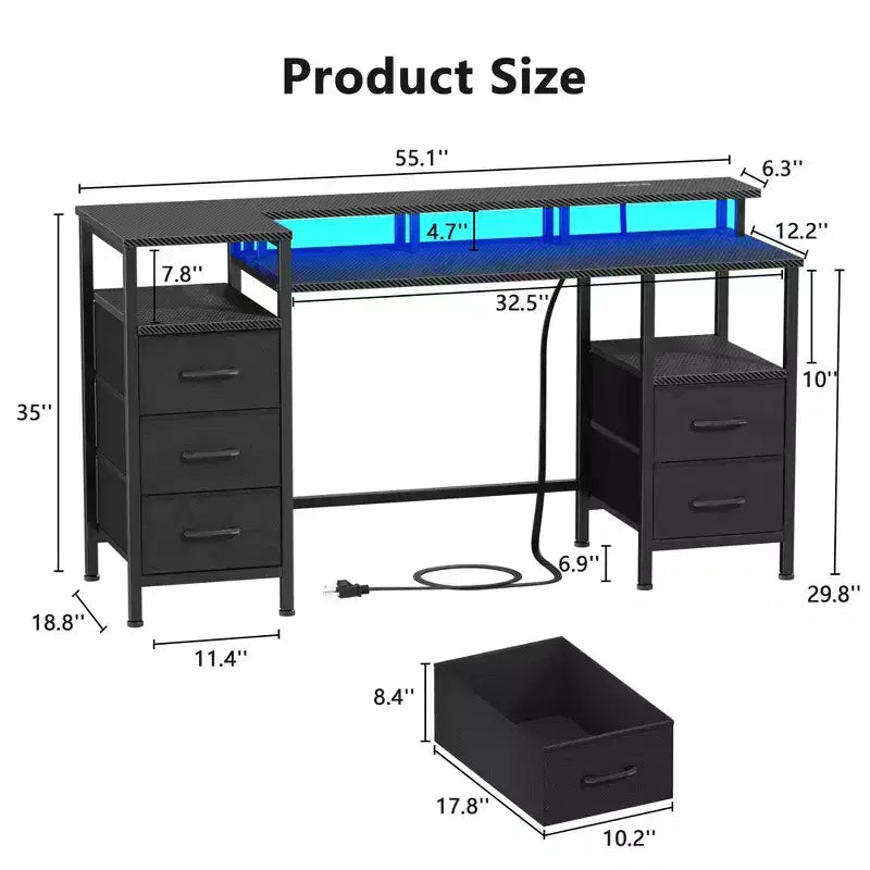 55 Inch Computer Desk with Charging Station Reversible Gaming Desk LED Lights Fabric Drawers Home Office Writing Table Bedroom Study Storage