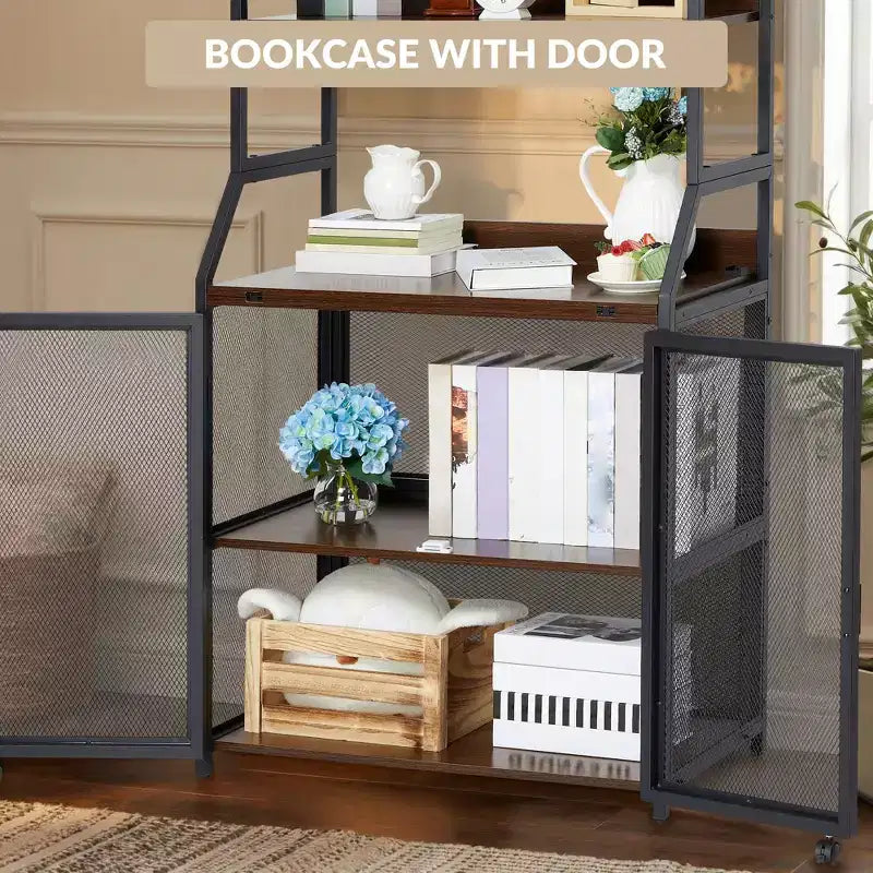 Bookshelf, Industrial Bookcase, Wooden Display Shelf with Metal Frame, Floorstanding Storage Shelving Unit for Bedroom, Living Room, Home Office