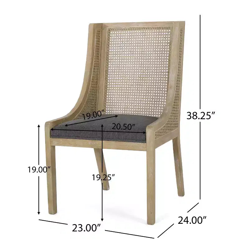 Set di 2 sedie da pranzo in legno e canna intrecciata, imbottite, antracite/naturale