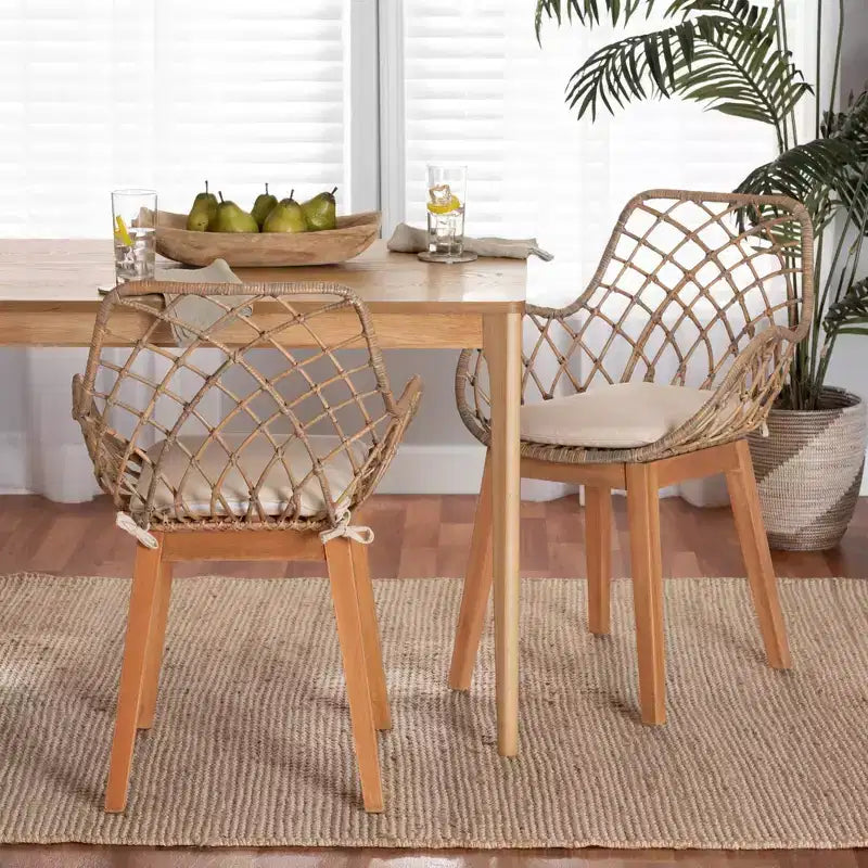 Sedia da pranzo in rattan e legno, grigio sbiancato/marrone naturale/bianco: rivestimento in poliestere, pulire le macchie