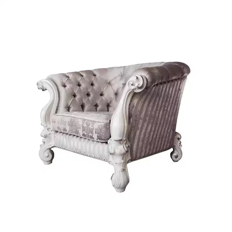 Accent Chair Ivory Fabric/Bone White Finish Traditional Crescent Design, No Assembly Required
