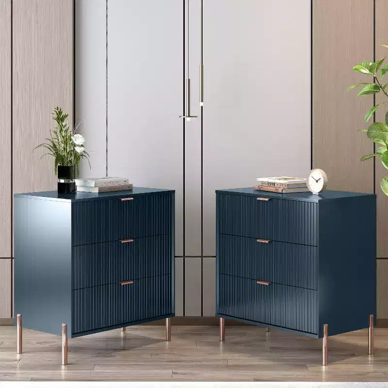 Set di 2 comodini moderni eleganti con 3 cassetti, blu navy