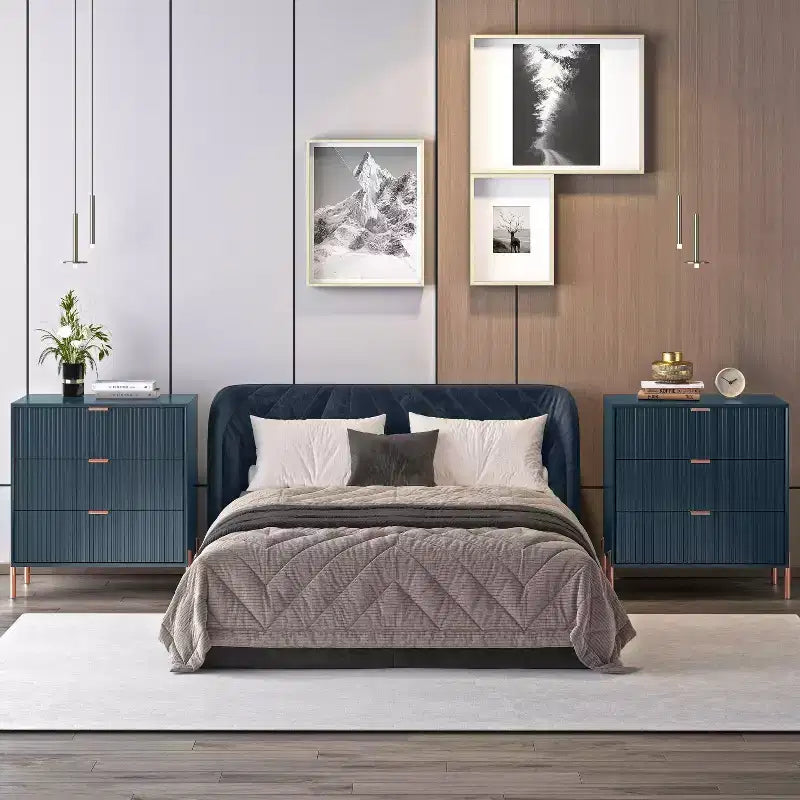 Set di 2 comodini moderni eleganti con 3 cassetti, blu navy