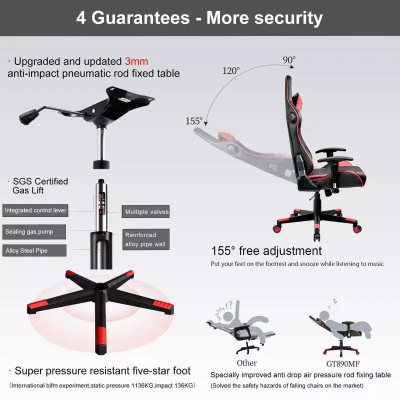 Gaming Chair with Bluetooth Speakers High Back PU Office Chair Red