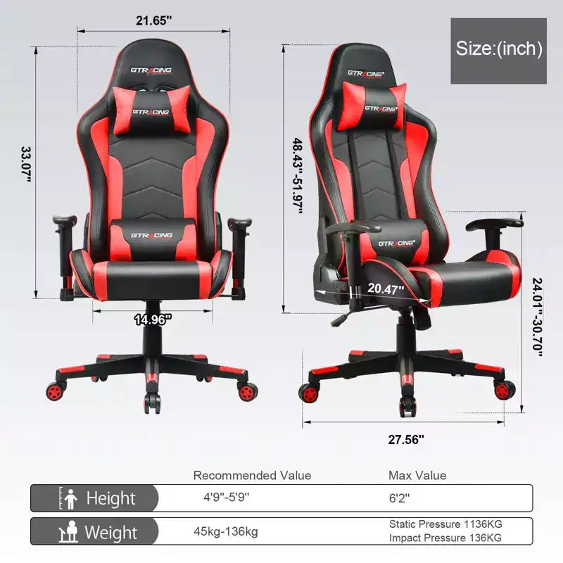 Gaming Chair with Bluetooth Speakers High Back PU Office Chair Red