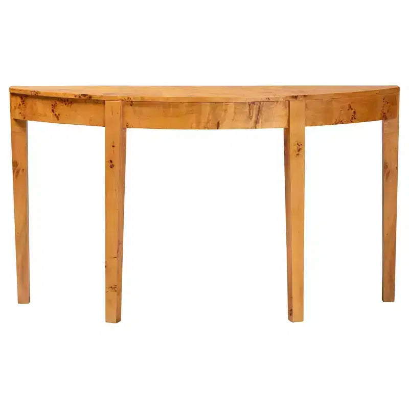 Ampia consolle a mezzaluna in vero legno burl, legno burl mappa chiaro