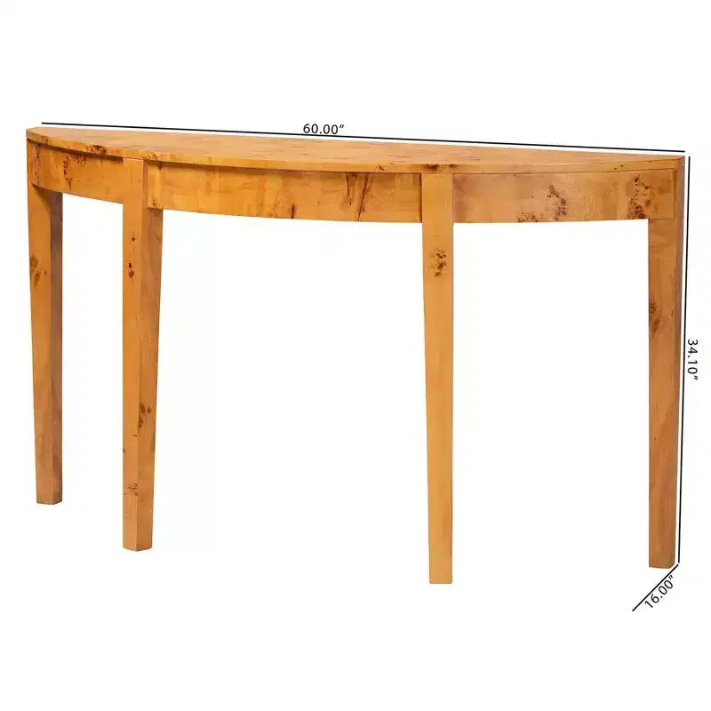 Ampia consolle a mezzaluna in vero legno burl, legno burl mappa chiaro