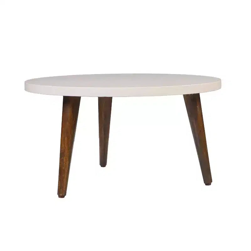 24" Modern Coffee Table Round Off White Top Tapered Brown Mango Wood Legs Brown/White