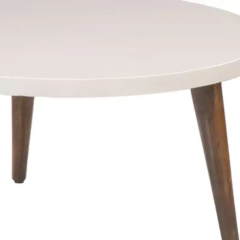 24" Modern Coffee Table Round Off White Top Tapered Brown Mango Wood Legs Brown/White