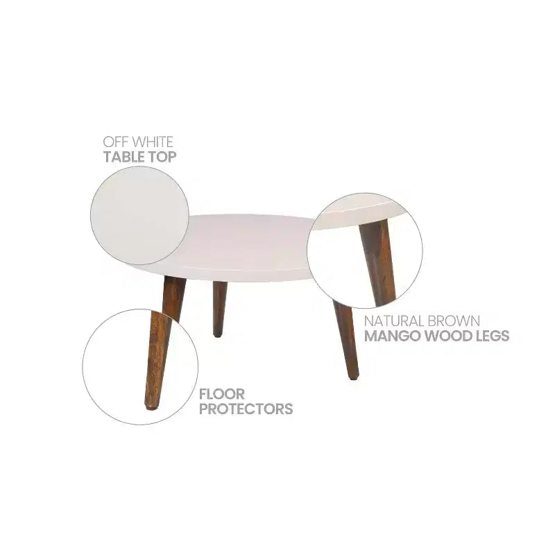 24" Modern Coffee Table Round Off White Top Tapered Brown Mango Wood Legs Brown/White