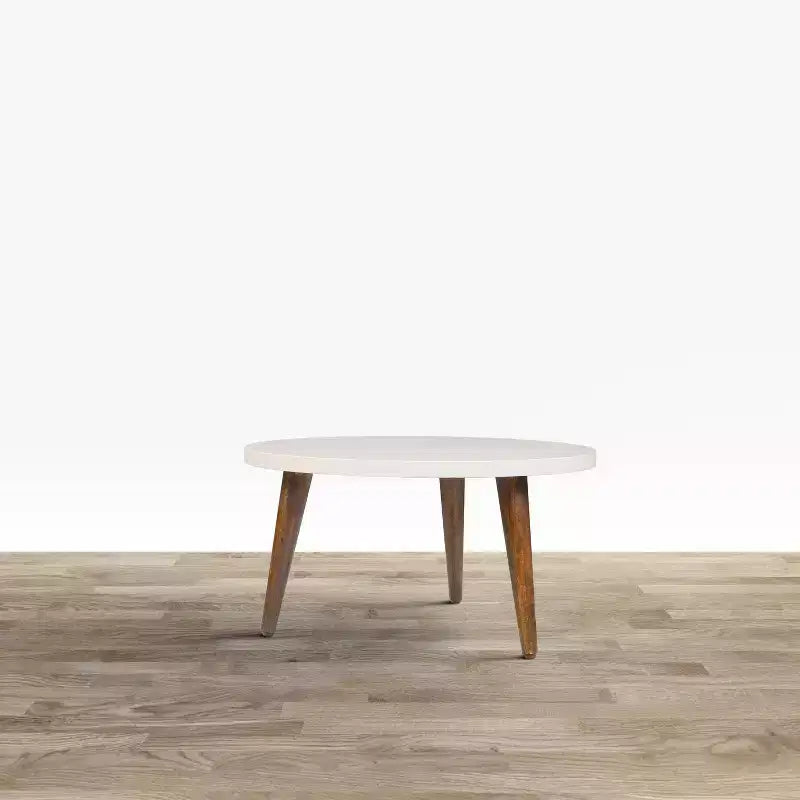 24" Modern Coffee Table Round Off White Top Tapered Brown Mango Wood Legs Brown/White