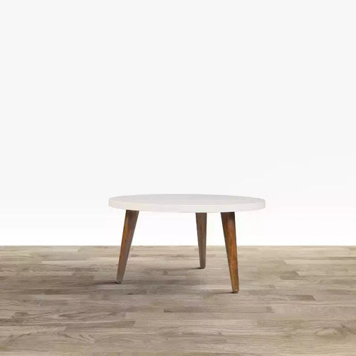 Tavolino moderno rotondo da 24", piano bianco sporco, gambe affusolate in legno di mango marrone, marrone/bianco