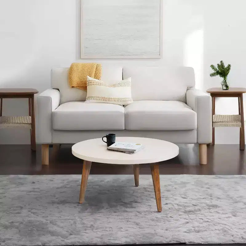 24" Modern Coffee Table Round Off White Top Tapered Brown Mango Wood Legs Brown/White