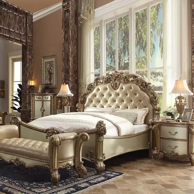 96"Bed Brass Synthetic Leather and Gold Patina Finish
