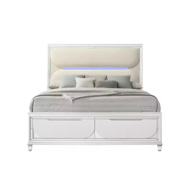 79.65"Bed White Boucle Pearl White Finish LED Light Headboard, Storage Footboard, Acrylic Upholstery
