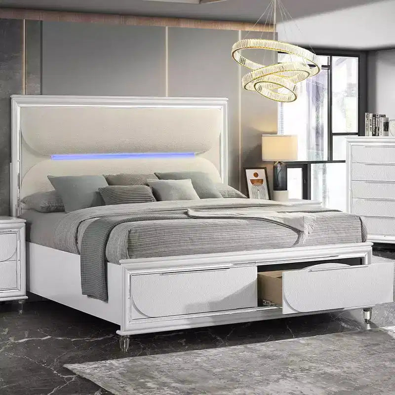 79.65"Bed White Boucle Pearl White Finish LED Light Headboard, Storage Footboard, Acrylic Upholstery
