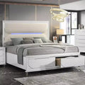 79.65"Bed White Boucle Pearl White Finish LED Light Headboard, Storage Footboard, Acrylic Upholstery