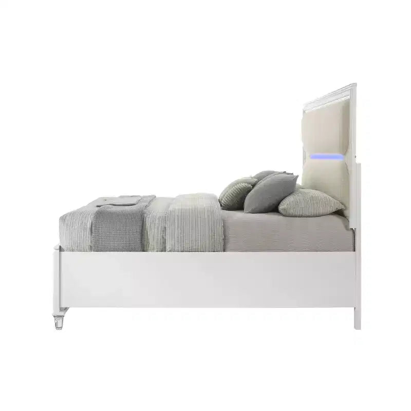 79.65"Bed White Boucle Pearl White Finish LED Light Headboard, Storage Footboard, Acrylic Upholstery