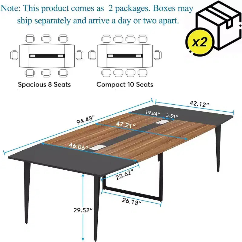 8FT Conference Table, Boat Shaped Meeting Table with Rectangle Grommet, Modern Seminar Boardroom Table for Office