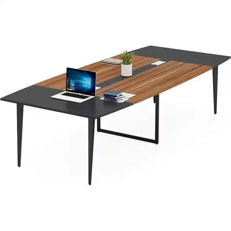 8FT Conference Table, Boat Shaped Meeting Table with Rectangle Grommet, Modern Seminar Boardroom Table for Office