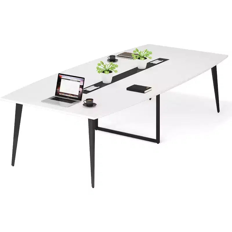 8FT Conference Table, Boat Shaped Meeting Table with Rectangle Grommet, Modern Seminar Boardroom Table for Office