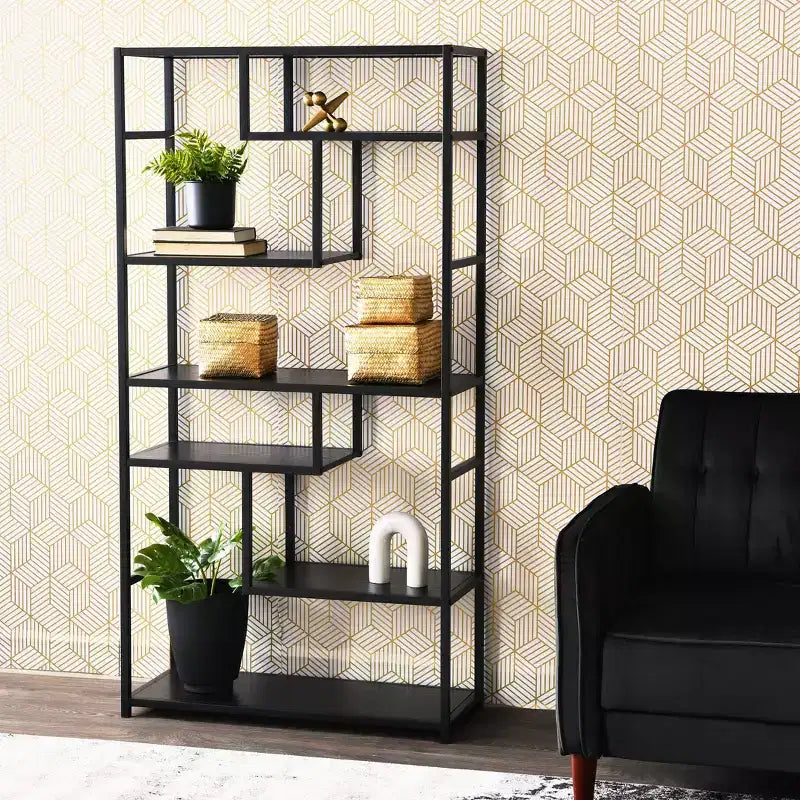 Black Geometric Metal Frame Bookshelf With Asymmetric Storage Shelves