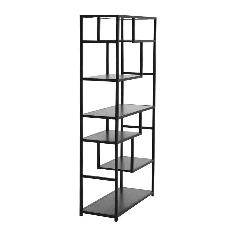 Black Geometric Metal Frame Bookshelf With Asymmetric Storage Shelves