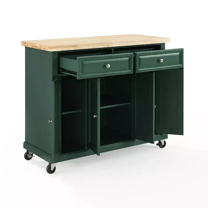 Zielona wyspa kuchenna na kółkach z blatem z naturalnego drewna, szufladami i szafkami
