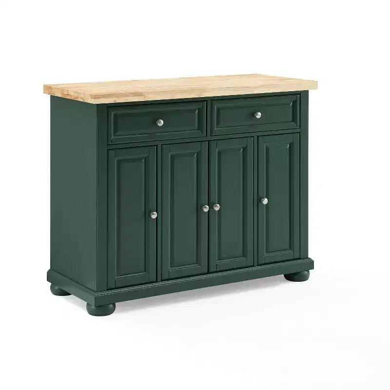 Isola da cucina verde con ruote, piano in legno naturale, cassetti e armadietti contenitori