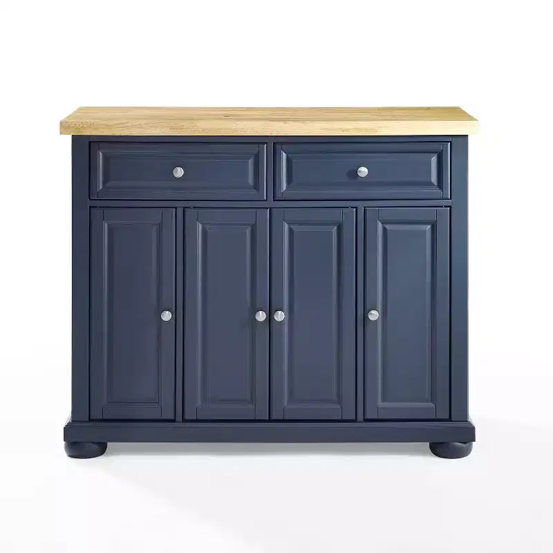 Isola da cucina verde con ruote, piano in legno naturale, cassetti e armadietti contenitori