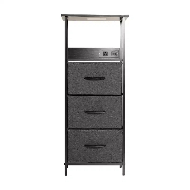 3 Drawer Nightstand with Charging Station, 2 USB Ports and 1 Outlet, Metal Frame, Engineered Wood Top, Drawers and Handles