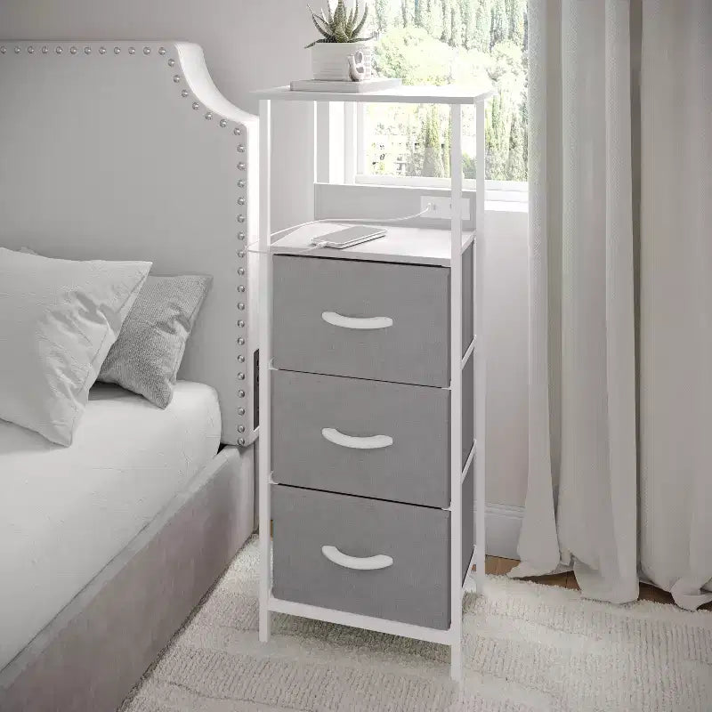 3 Drawer Nightstand with Charging Station, 2 USB Ports and 1 Outlet, Metal Frame, Engineered Wood Top, Drawers and Handles