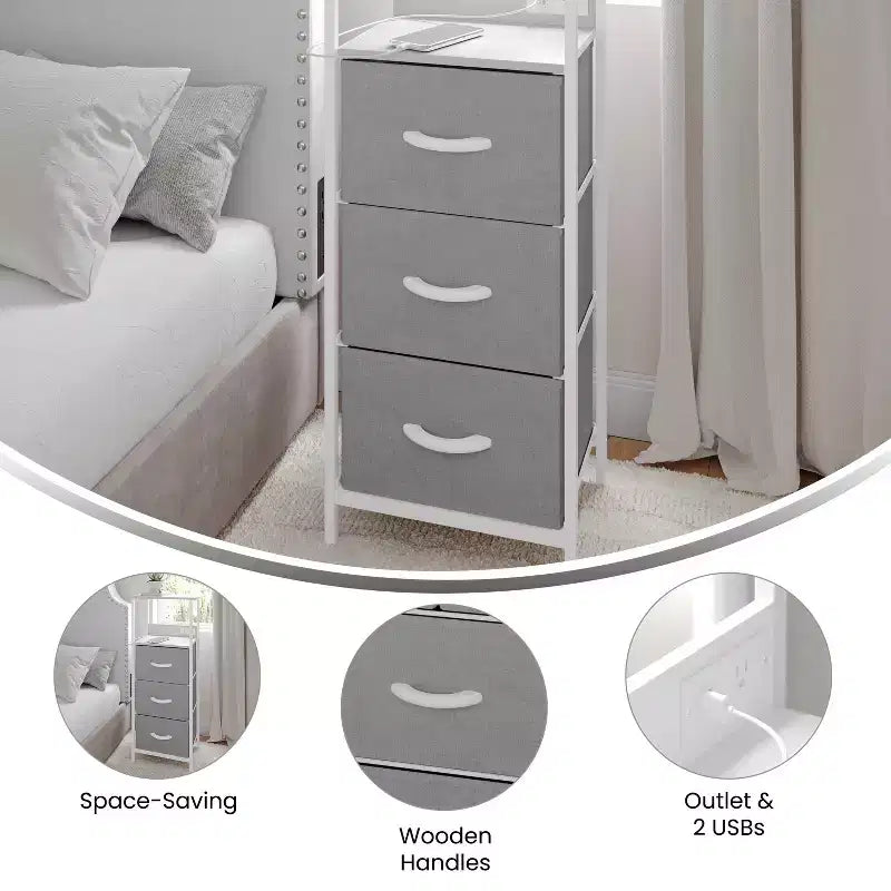 3 Drawer Nightstand with Charging Station, 2 USB Ports and 1 Outlet, Metal Frame, Engineered Wood Top, Drawers and Handles