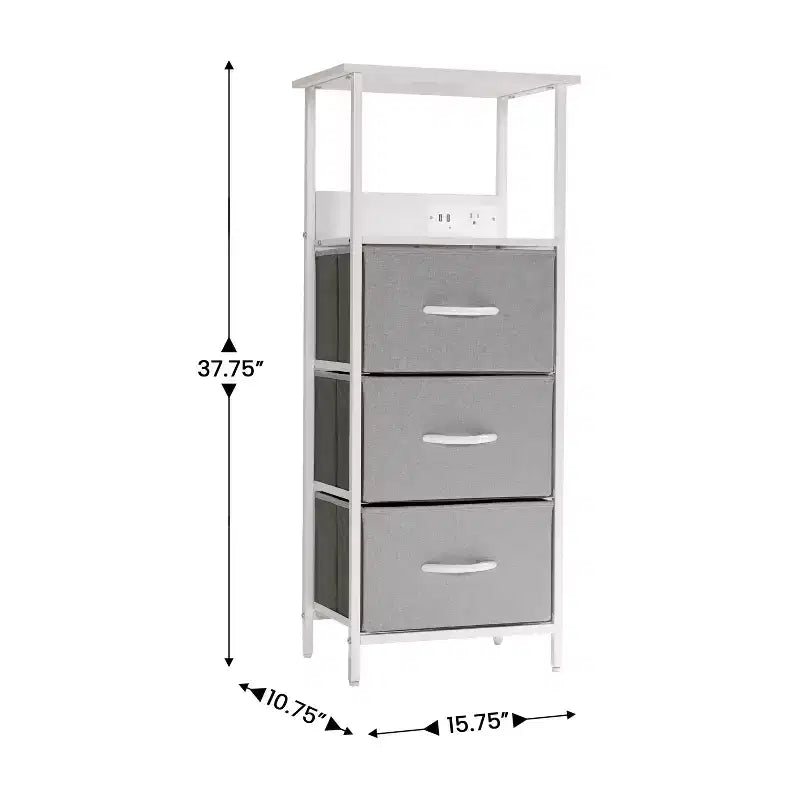 3 Drawer Nightstand with Charging Station, 2 USB Ports and 1 Outlet, Metal Frame, Engineered Wood Top, Drawers and Handles
