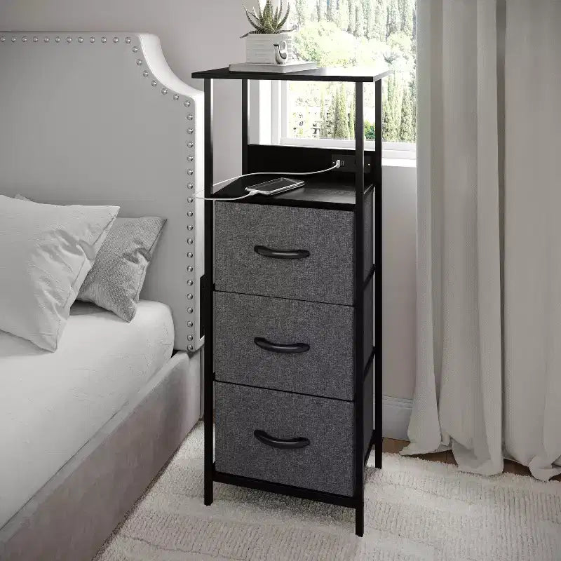 3 Drawer Nightstand with Charging Station, 2 USB Ports and 1 Outlet, Metal Frame, Engineered Wood Top, Drawers and Handles