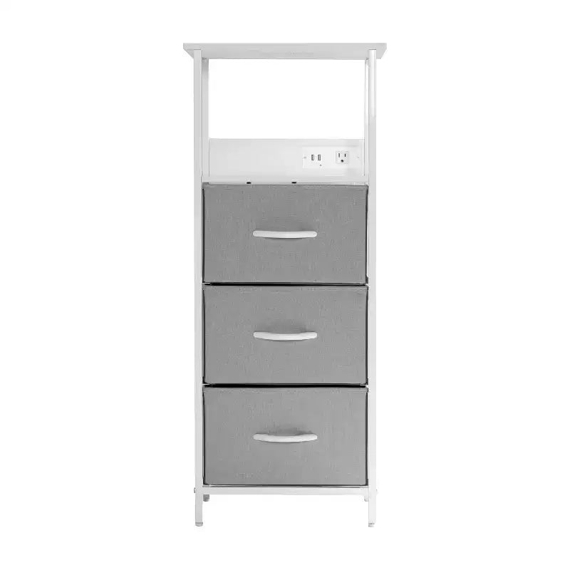 3 Drawer Nightstand with Charging Station, 2 USB Ports and 1 Outlet, Metal Frame, Engineered Wood Top, Drawers and Handles