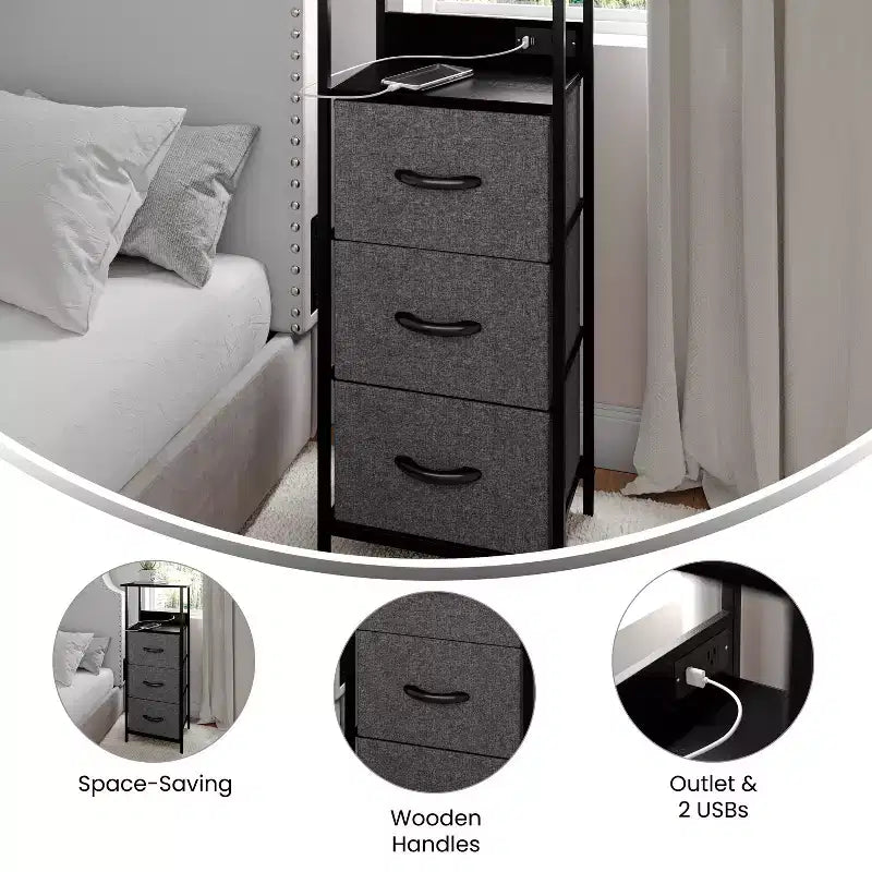 3 Drawer Nightstand with Charging Station, 2 USB Ports and 1 Outlet, Metal Frame, Engineered Wood Top, Drawers and Handles