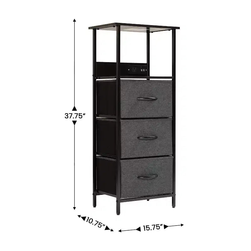 3 Drawer Nightstand with Charging Station, 2 USB Ports and 1 Outlet, Metal Frame, Engineered Wood Top, Drawers and Handles