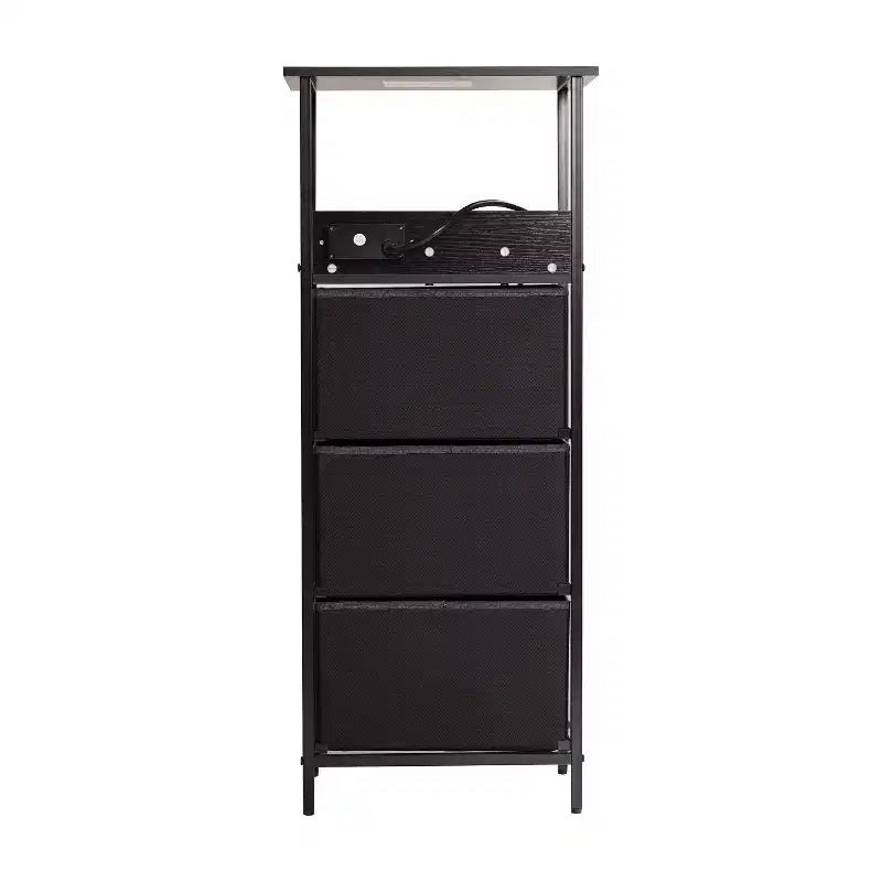 3 Drawer Nightstand with Charging Station, 2 USB Ports and 1 Outlet, Metal Frame, Engineered Wood Top, Drawers and Handles