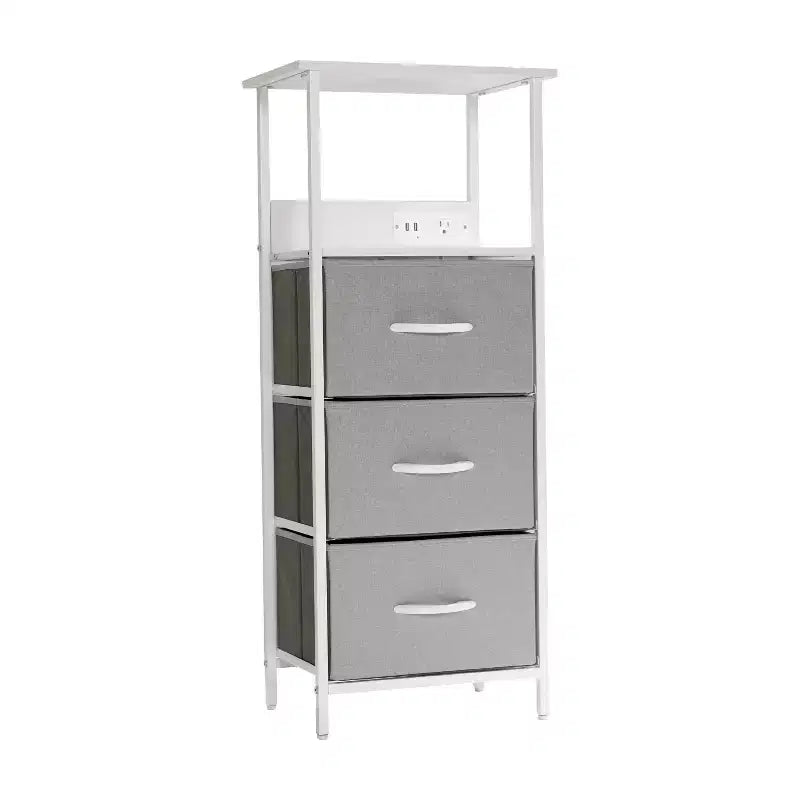 Comodino a 3 cassetti con stazione di ricarica, 2 porte USB e 1 presa, struttura in metallo, piano in legno ingegnerizzato, cassetti e maniglie