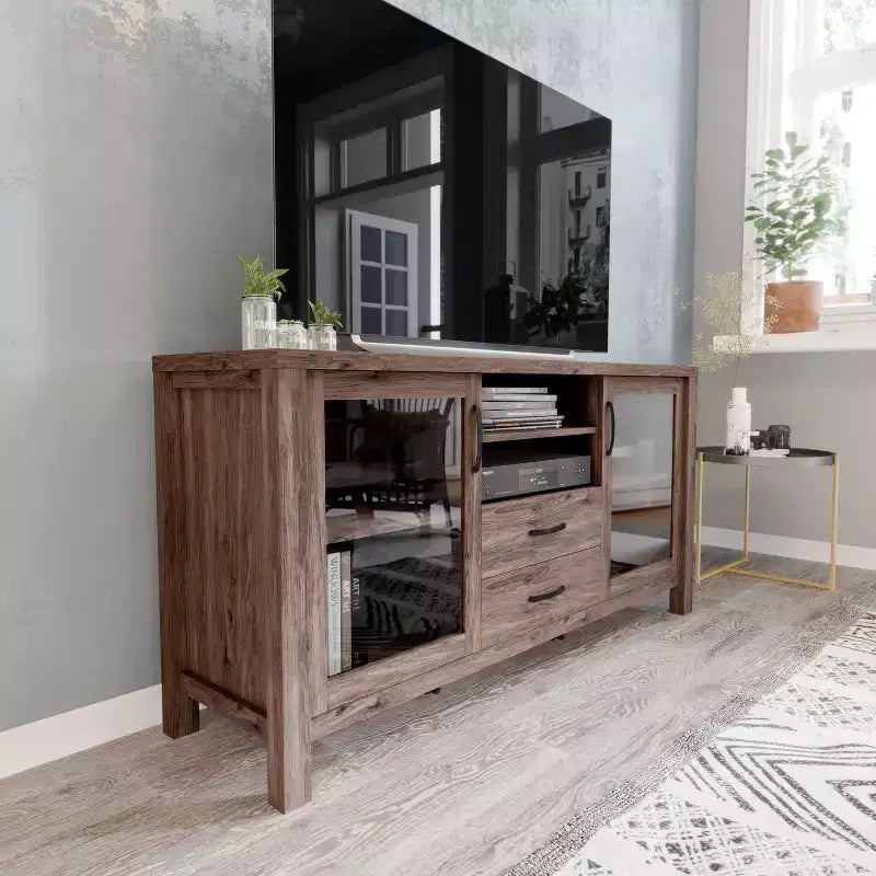 Modern Kitchen and Dining Room Buffet Sideboard Storage Cabinet, Engineered Wood with 2 Tempered Glass Doors, 2 Drawers, Open Shelf