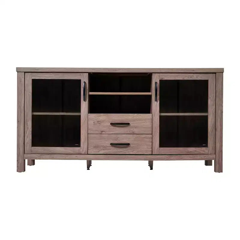 Modern Kitchen and Dining Room Buffet Sideboard Storage Cabinet, Engineered Wood with 2 Tempered Glass Doors, 2 Drawers, Open Shelf